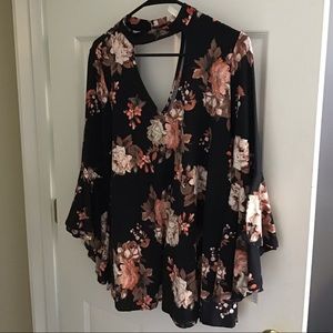 Cutout Neck Floral Shirt